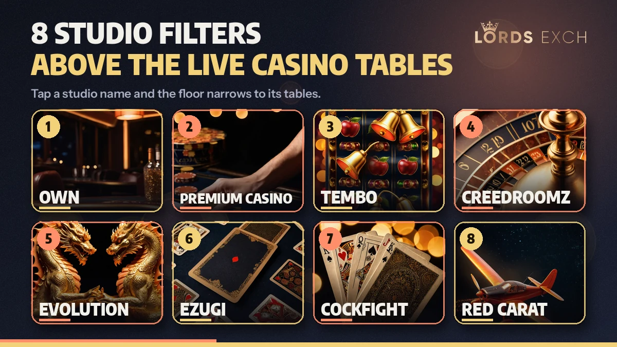 Grid of the eight studio filters shown above the Lords Exchange live casino tables