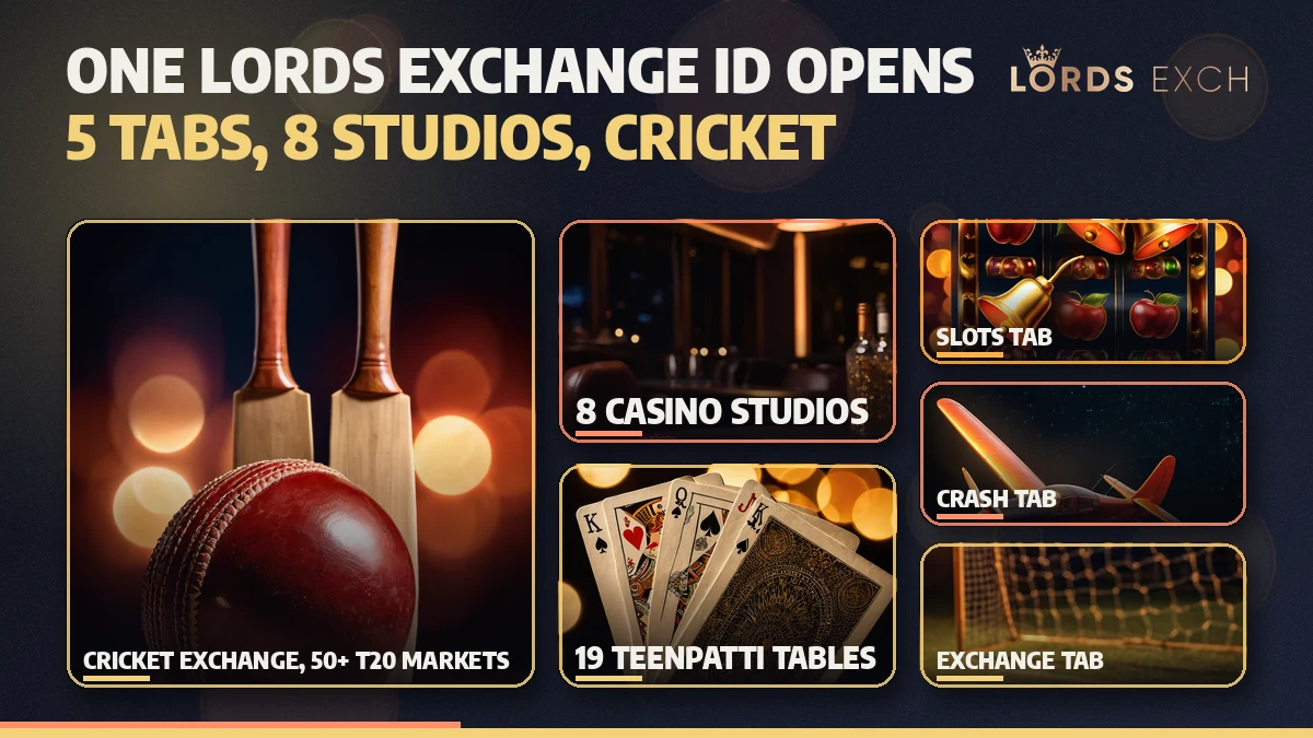 Grid of what a funded Lords Exchange ID opens: five lobby tabs, eight casino studios and the cricket exchange