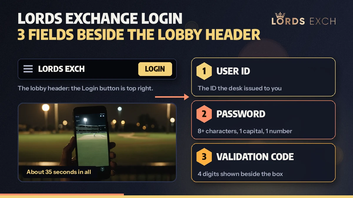 Grid of the three Lords Exchange login fields beside the lobby header with its Login button