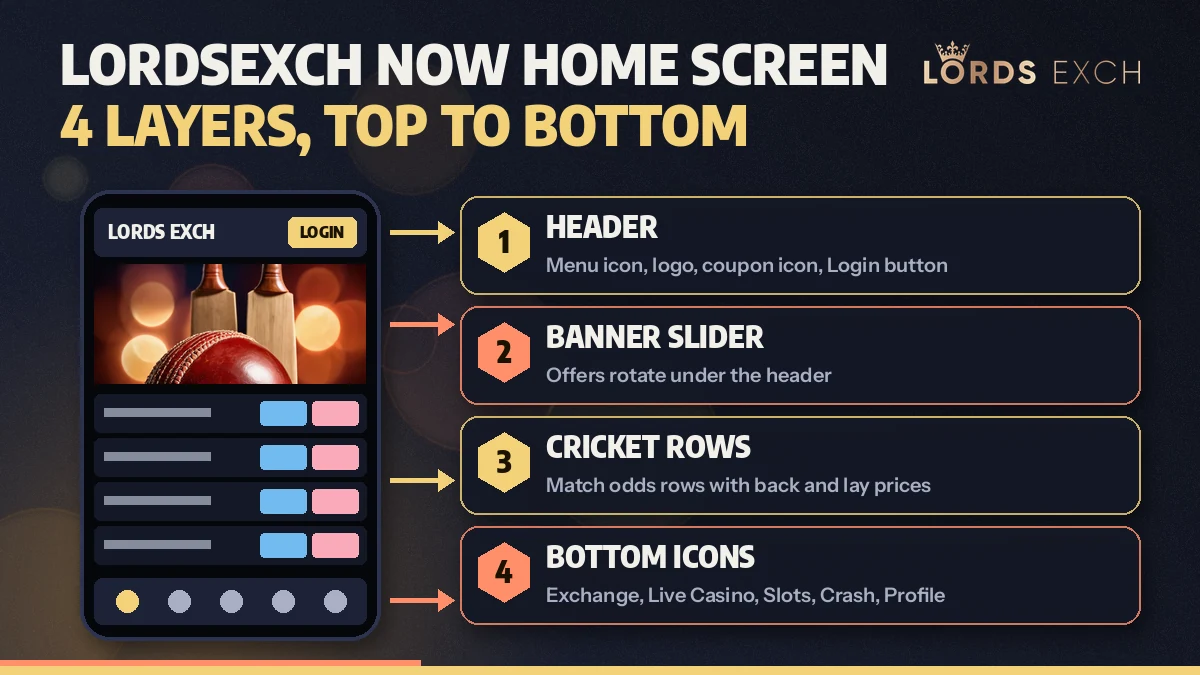 Four layers of the lordsexch now home screen laid out as header, banner slider, cricket rows and bottom icons
