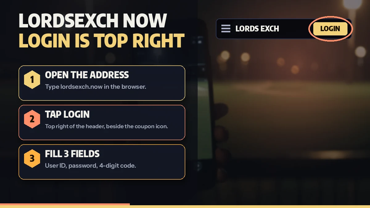 Thumb tapping the Login button at the top right of the lordsexch now header on a phone