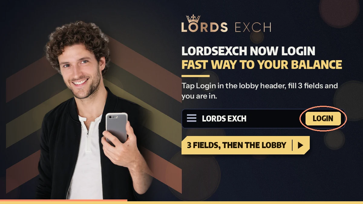 Phone held up to show where the Login button sits in the lordsexch.now lobby header